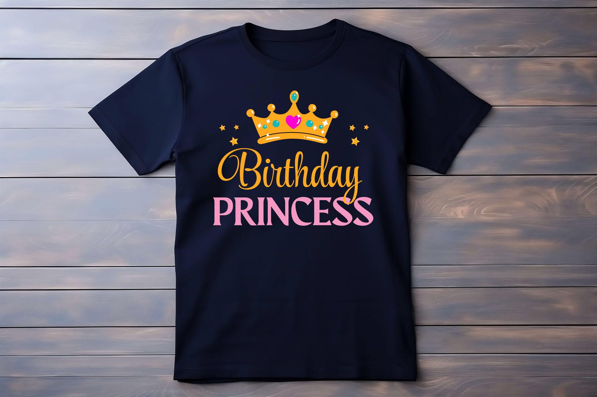 Black t-shirt with 'Birthday Princess' text and crown graphic on a wooden background