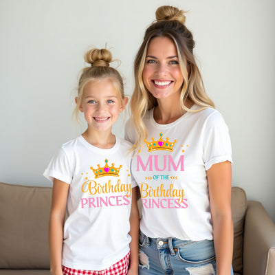 Woman and child wearing matching white t-shirts with 'Mum of the Birthday Princess' text.