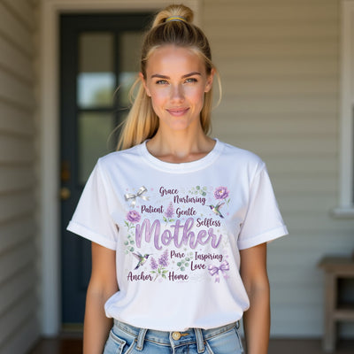 Woman wearing a white t-shirt with decorative text Mother and graphics, standing outside a house.