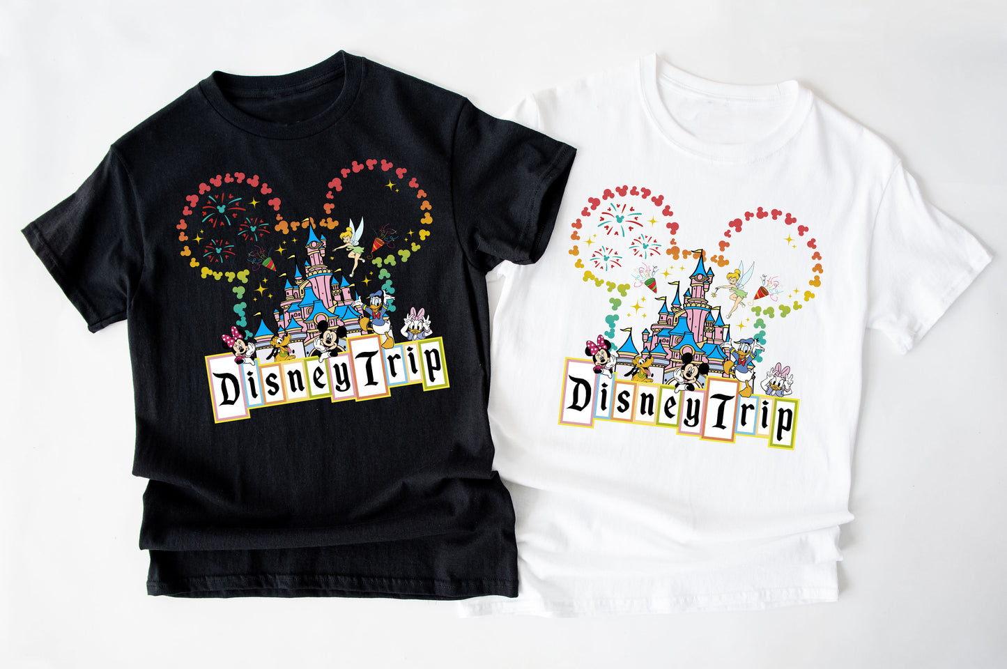 Black and white t-shirts with Disney-themed graphics and 'Disney Trip' text on a white background