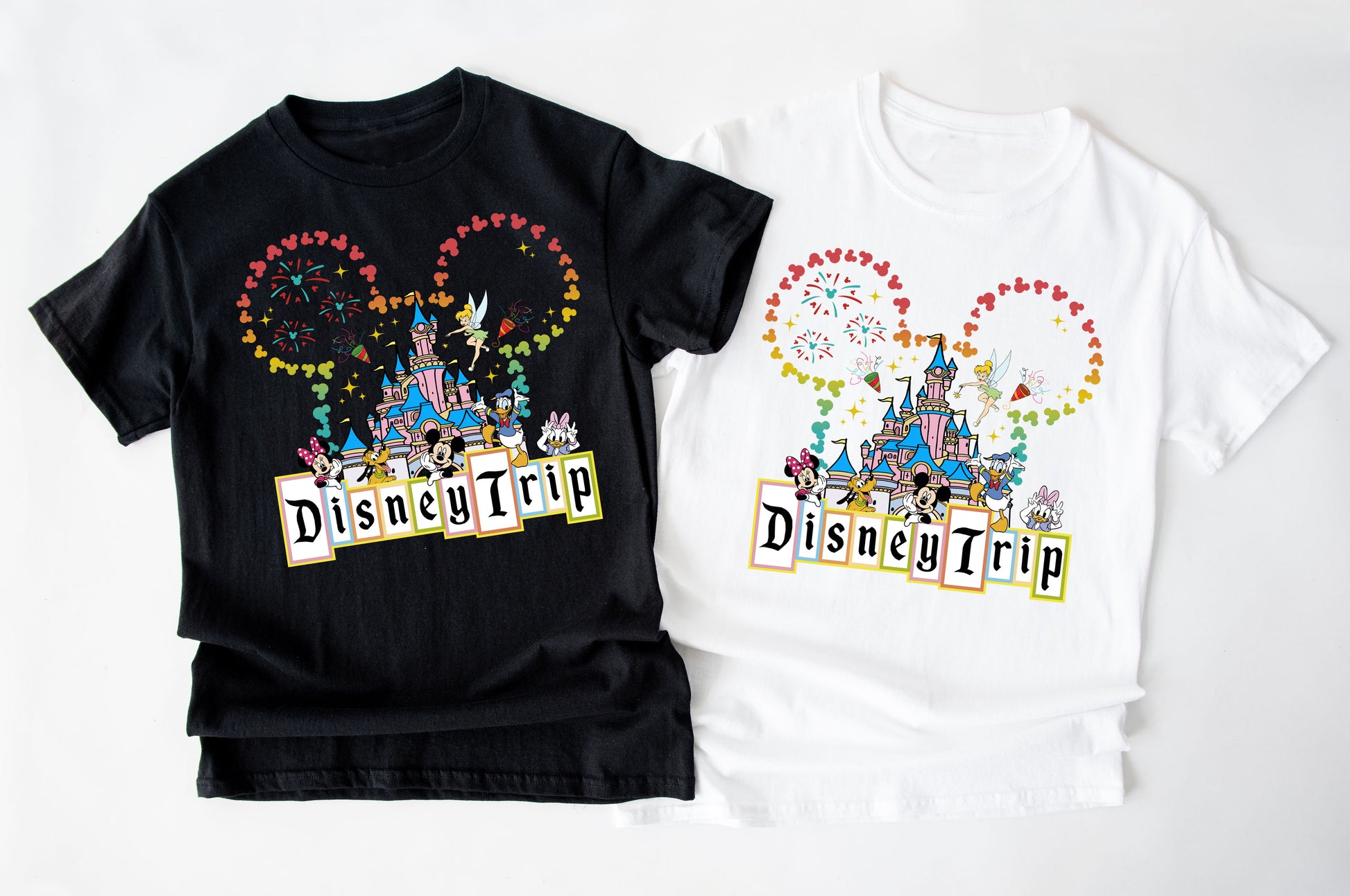 Black and white t-shirts with Disney-themed graphics and 'Disney Trip' text on a white background