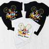 Three shirts with Disney-themed designs on a white background