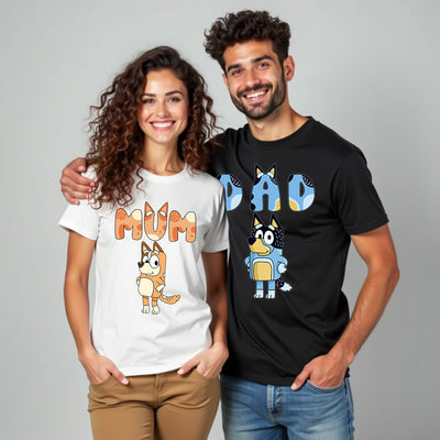 Parents wearing matching Chill Edition Bluey-style tees, showing relaxed vibes.