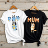 Relaxed-style Bluey inspired Mum and Dad t-shirts with chill cartoon artwork.
