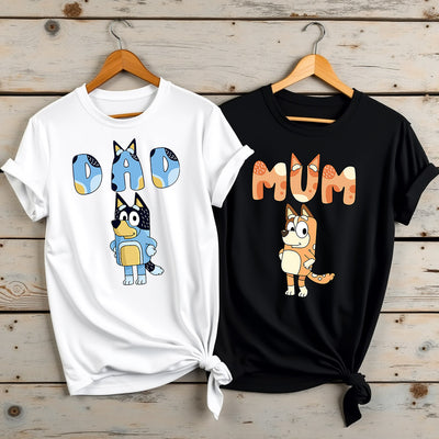 Relaxed-style Bluey inspired Mum and Dad t-shirts with chill cartoon artwork.