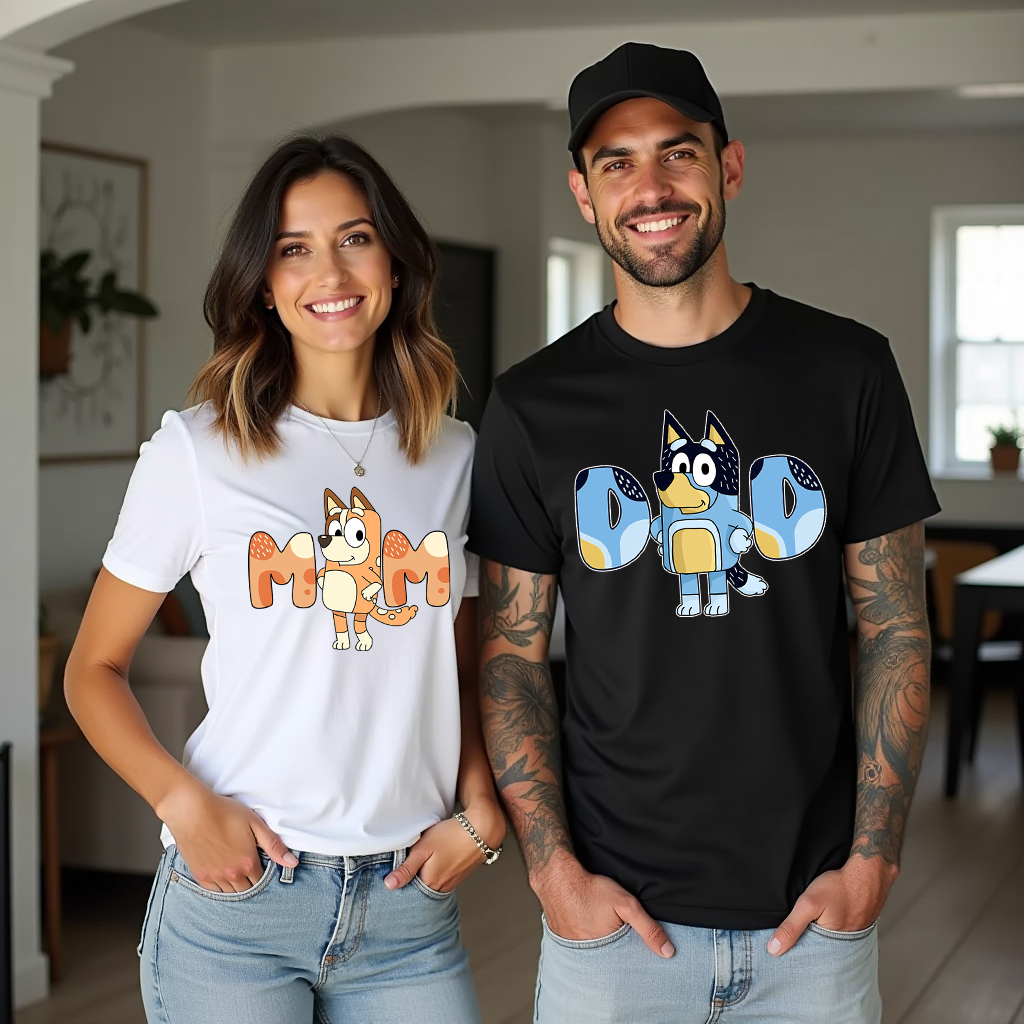 Bluey inspired matching mum and dad t-shirts featuring playtime character designs.