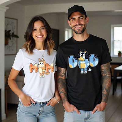 Bluey inspired matching mum and dad t-shirts featuring playtime character designs.