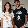 Parents wearing Bluey-inspired t-shirts featuring classic mum and dad character designs.