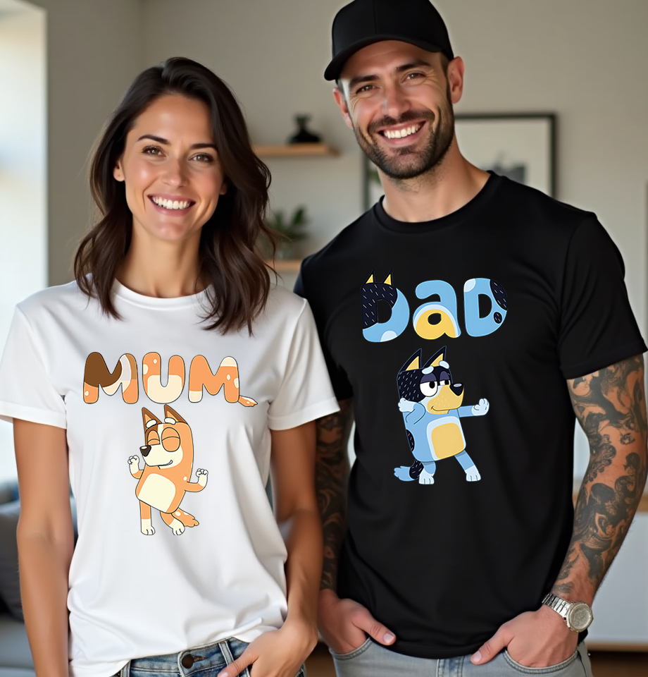 Parents wearing Bluey-inspired t-shirts featuring classic mum and dad character designs.