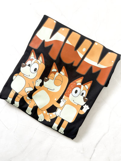 Black Mum Chilli Squad Bluey Inspired T-Shirt folded on flat lay