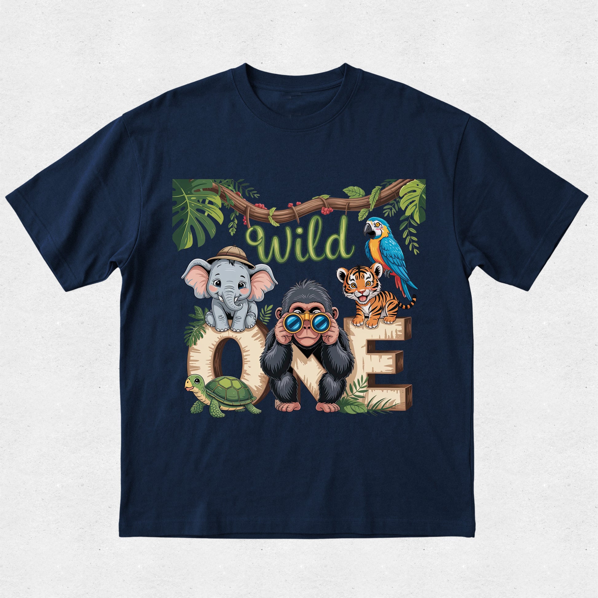 Navy blue t-shirt with cartoon animals and 'Wild One' text on a light gray background