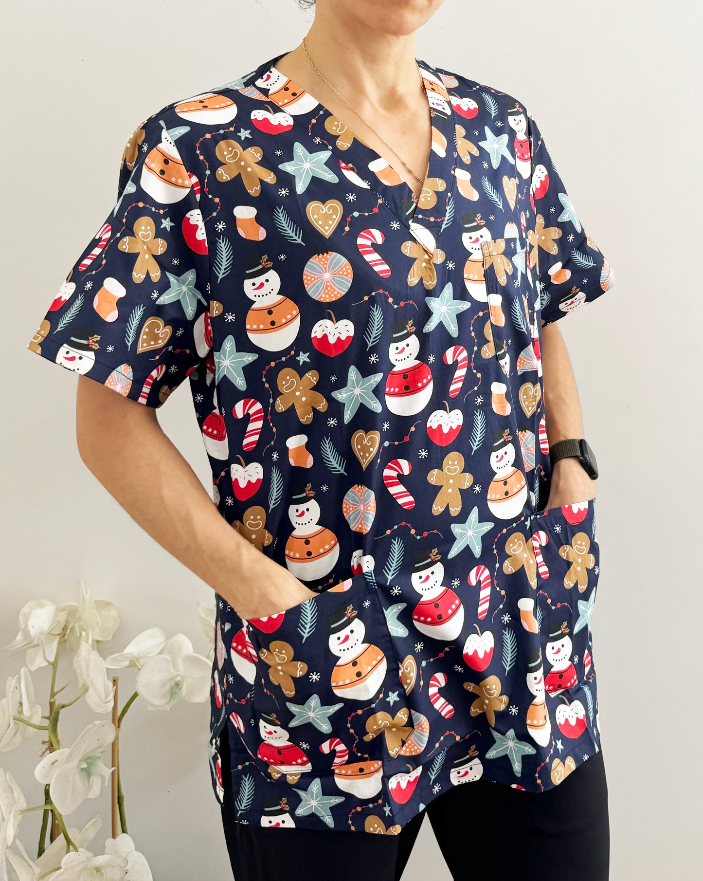 Christmas Unisex Printed Scrubs - Navy Santa