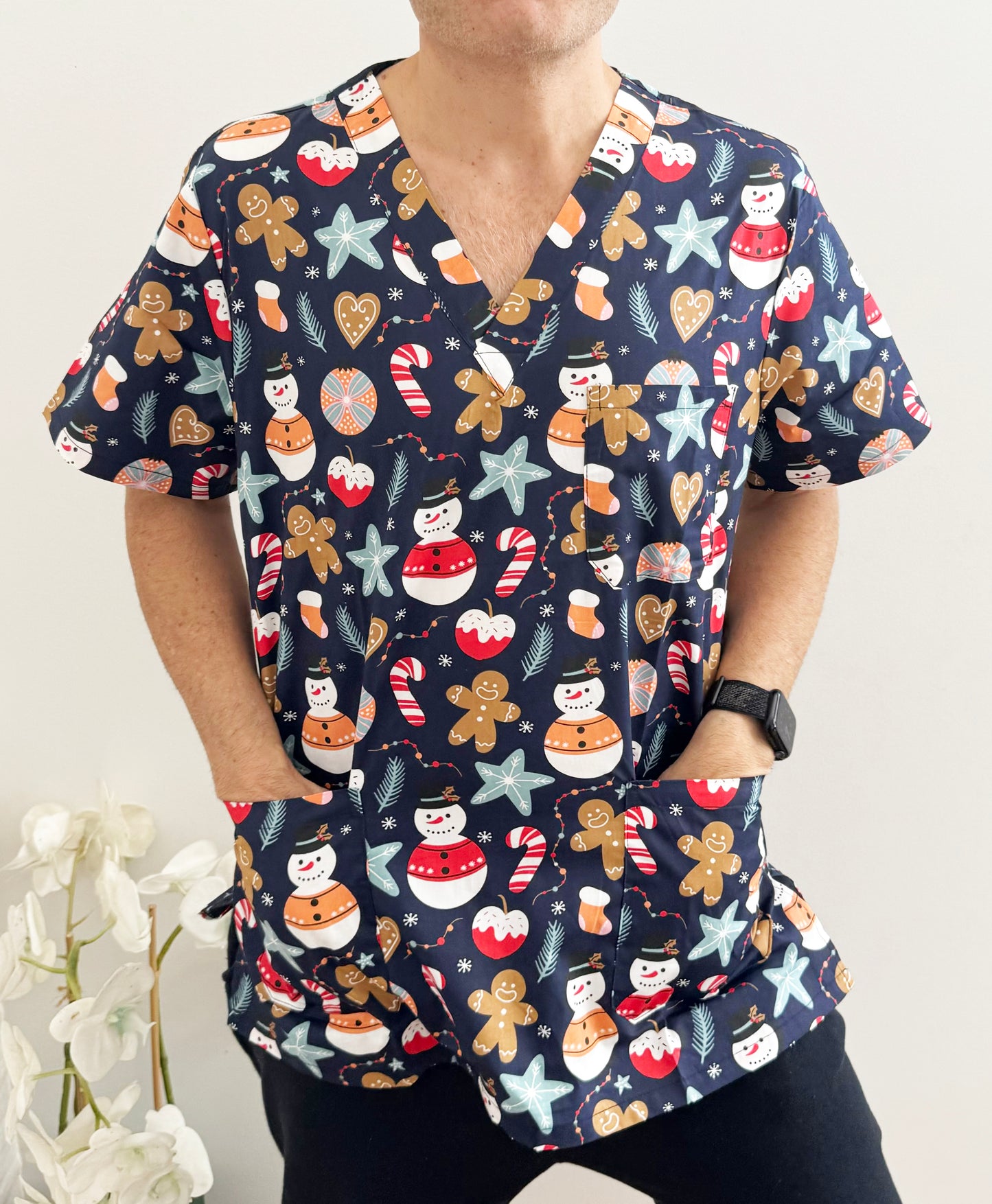Christmas Unisex Printed Scrubs - Navy Santa