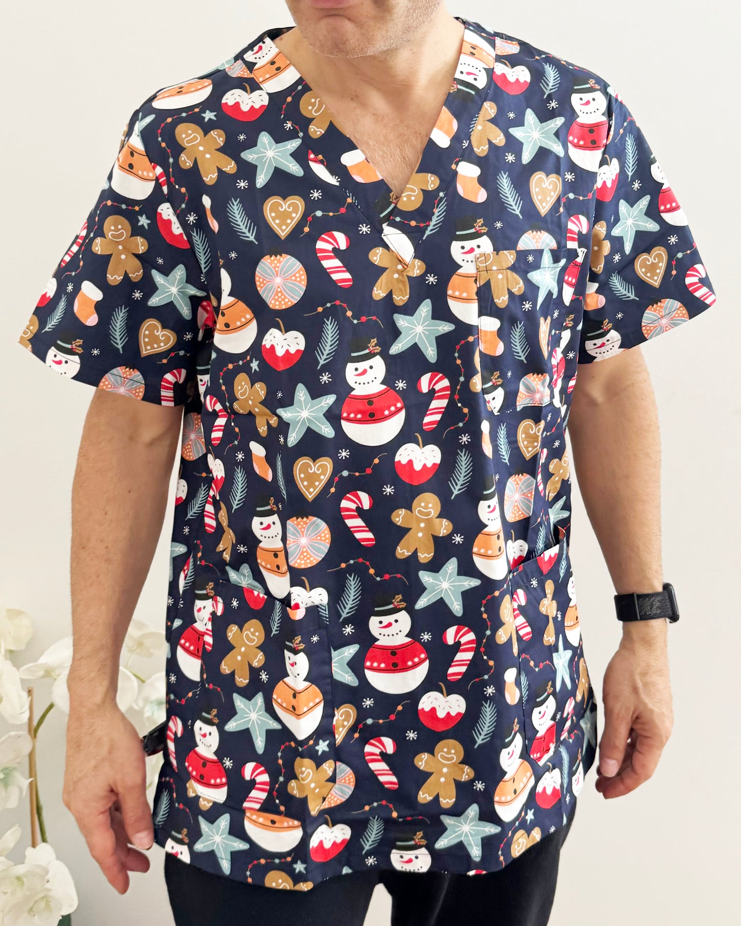 Christmas Unisex Printed Scrubs - Navy Santa