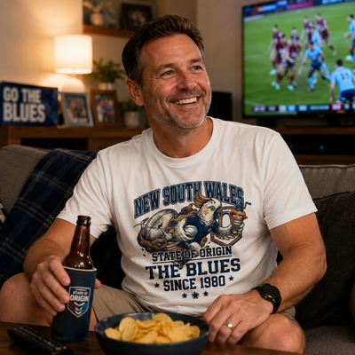 Man sitting on a couch watching a sports game, holding a beer and chips.