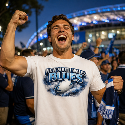 Man wearing a New South Wales Blues t-shirt in a stadium setting