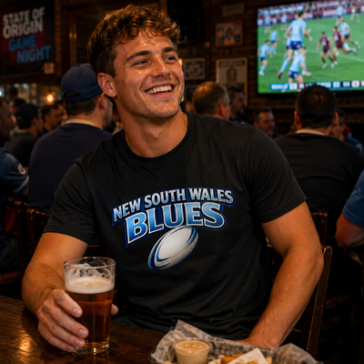 Man wearing a New South Wales Blues shirt holding a beer in a pub setting with sports on TV.