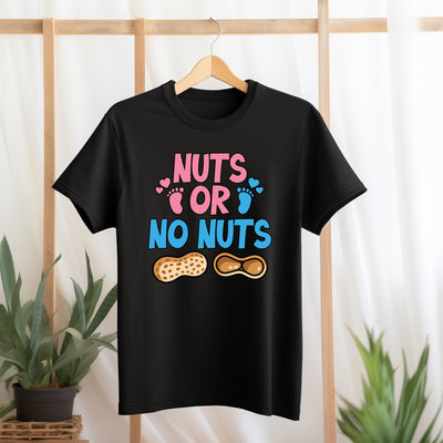 Black t-shirt with colorful text and peanut graphics on a hanger against a light background