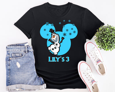 Close-up of Olaf Mickey ears print showing Frozen-inspired detail on soft cotton tee