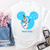 White t-shirt with cartoon character design, jeans, and sneakers on a white background