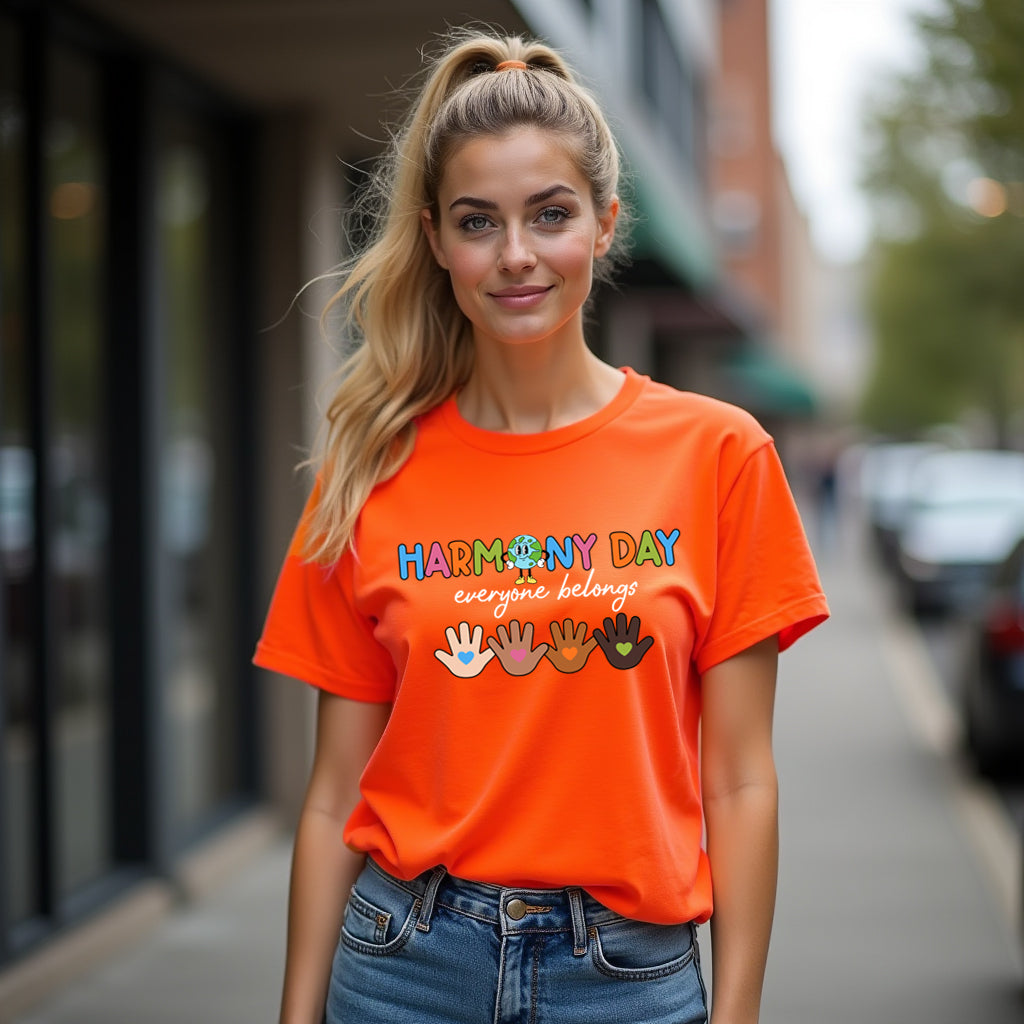 Woman wearing an orange 'Harmony Day' t-shirt with colorful text and hand symbols on a city street.