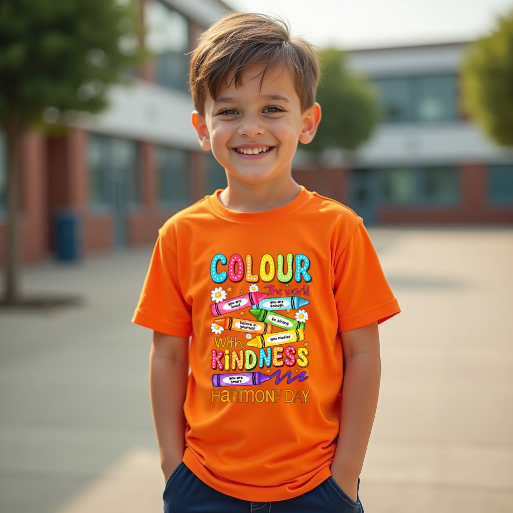 Child wearing an orange t-shirt with motivational text outdoors