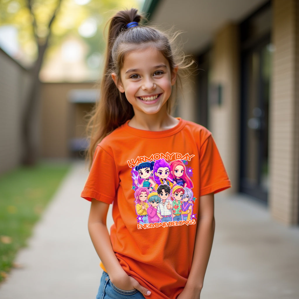 Young girl wearing an orange t-shirt with a colorful graphic and text, standing outdoors.
