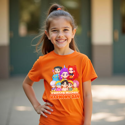 Young girl wearing an orange 'Harmony Day' t-shirt with cartoon characters.