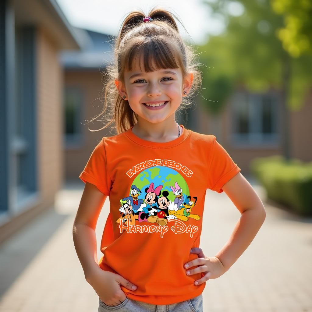 Young girl wearing an orange shirt with a Disney character design, standing outdoors.