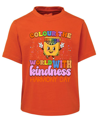 Orange t-shirt with a colorful design and text on a white background