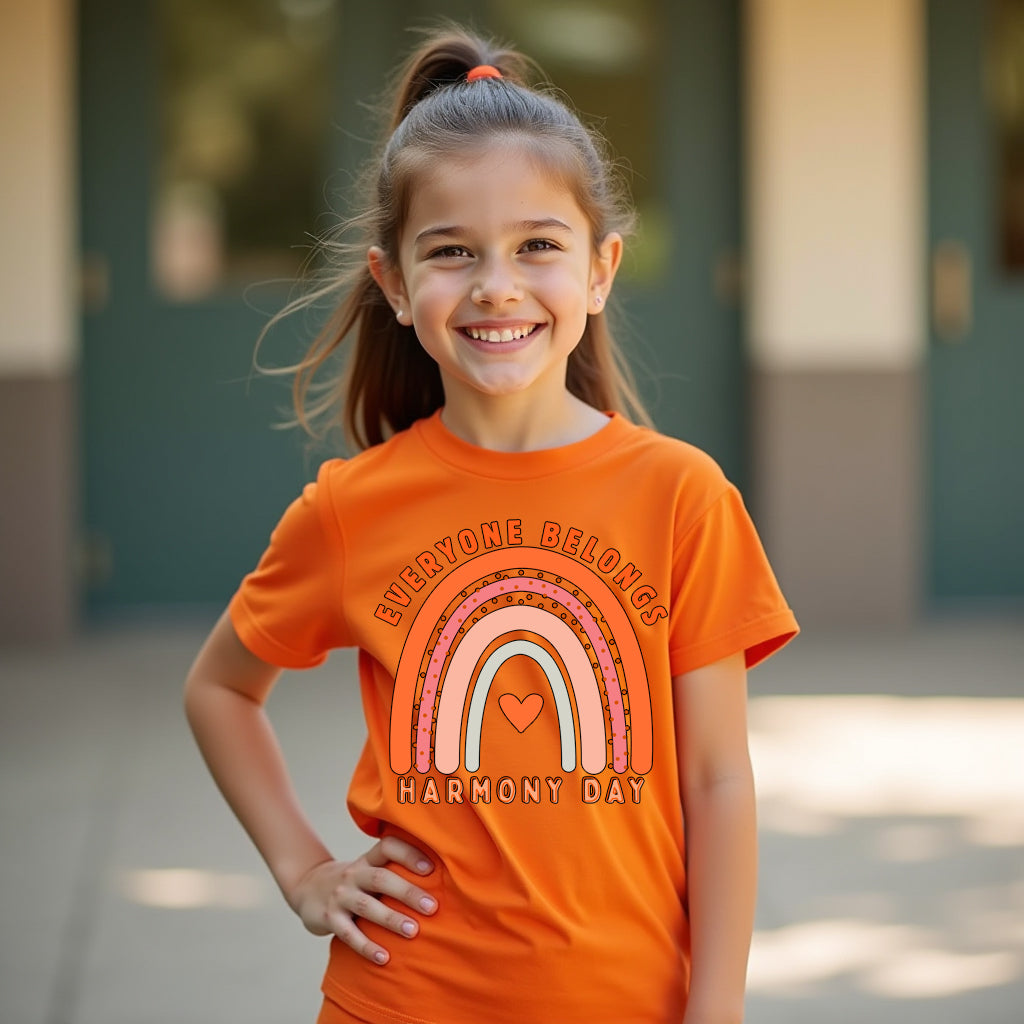 Girl wearing an orange t-shirt with a rainbow design harmony day and text, standing outdoors.