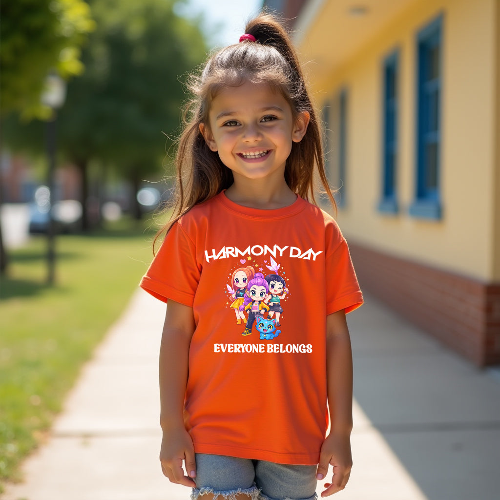 Young girl wearing an orange 'Harmony Day' t-shirt in front of a school building.