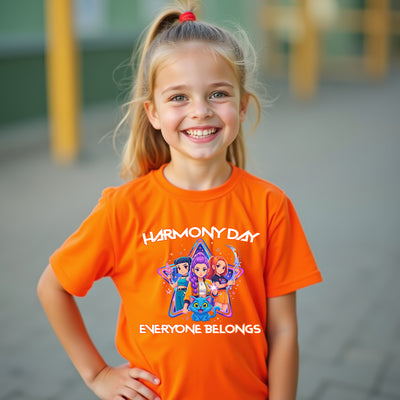 Young girl wearing an orange 'Harmony Day' t-shirt with cartoon characters and text.