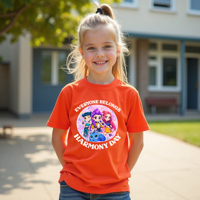 Young girl wearing an orange 'Harmony Day' t-shirt with cartoon characters outdoors.