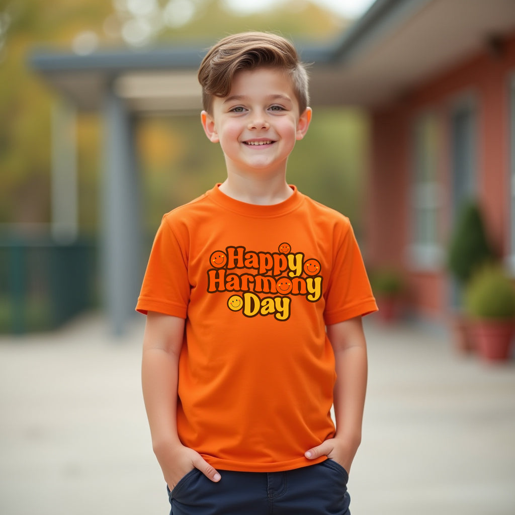 Child wearing an orange 'Happy Harmony Day' t-shirt outdoors.