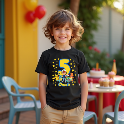 boy wearing black pokemon tshirt for his birthday