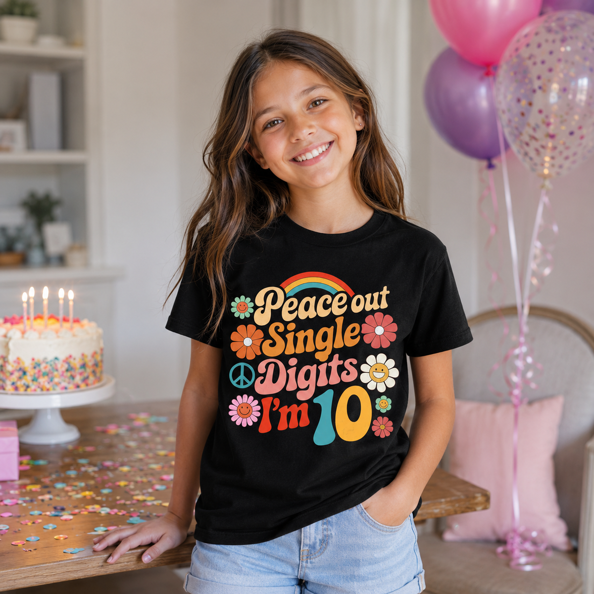 A young girl smiling in a decorated room, wearing a black graphic t-shirt that reads 'Peace out Single Digits I'm 10' with colorful retro flowers, a rainbow, and a peace sign.