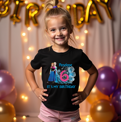 Elsa & Anna design on birthday shirt showing colorful Frozen artwork and soft fabric texture