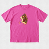A bright pink short-sleeve crewneck t-shirt featuring a graphic of a partially eaten chocolate donut with colorful sprinkles on the chest, displayed flat against a light gray textured background.