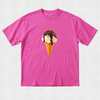 A bright pink short-sleeve crewneck t-shirt featuring a graphic of a vanilla ice cream scoop in a waffle cone with chocolate drizzle and sprinkles, displayed on a light gray textured background.