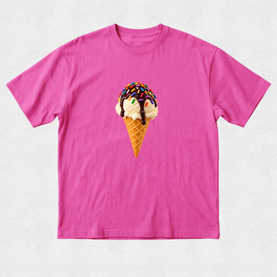 A bright pink short-sleeve crewneck t-shirt featuring a graphic of a vanilla ice cream scoop in a waffle cone with chocolate drizzle and sprinkles, displayed on a light gray textured background.