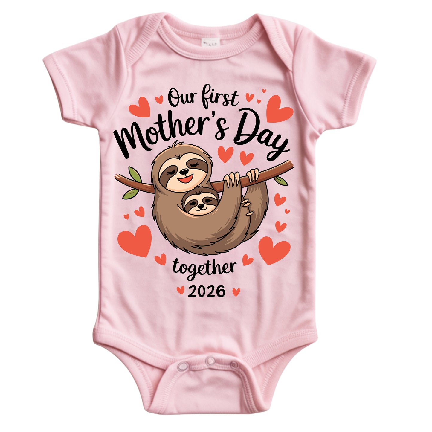 Pink baby onesie with a sloth graphic and text for Mother's Day on a white background