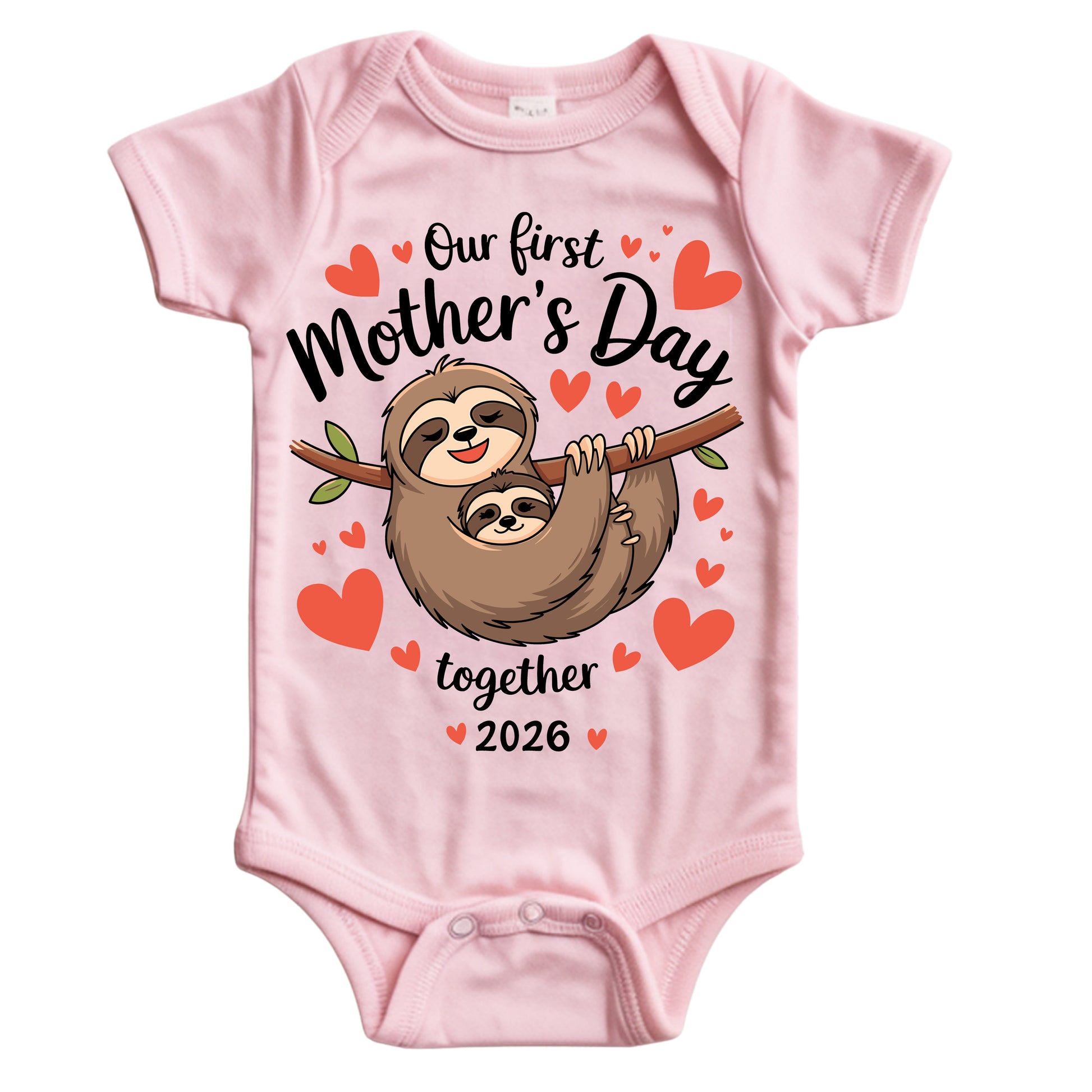 Pink baby onesie with a sloth graphic and text for Mother's Day on a white background