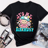 Cotton Candy Labubu birthday party t-shirt featuring monster character design with balloon and gift details.
