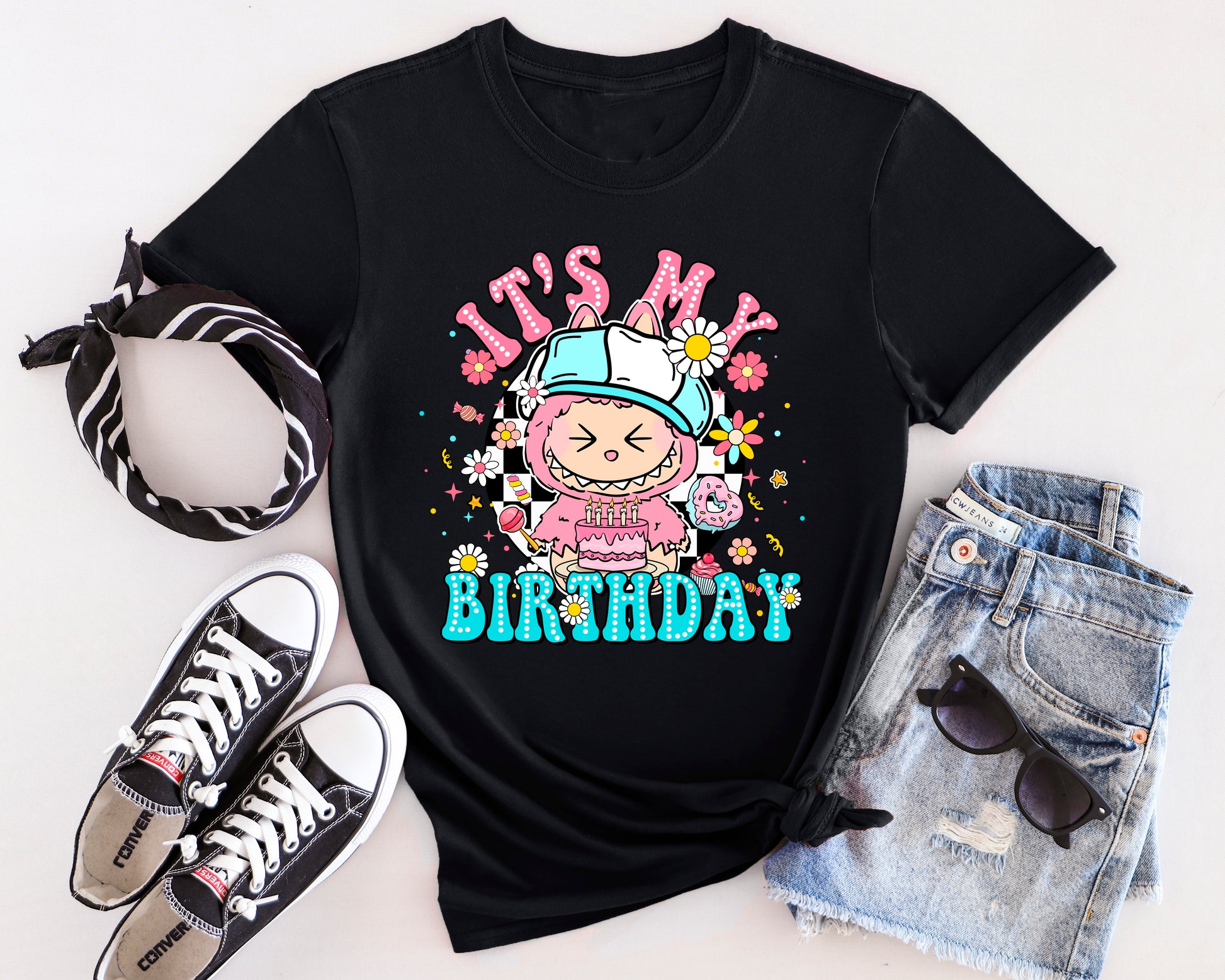 Cotton Candy Labubu birthday party t-shirt featuring monster character design with balloon and gift details.