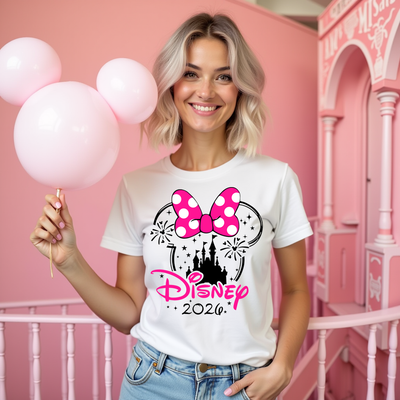 Woman wearing a white t-shirt with Disney 2026 design, holding pink balloons in a pink-themed room.