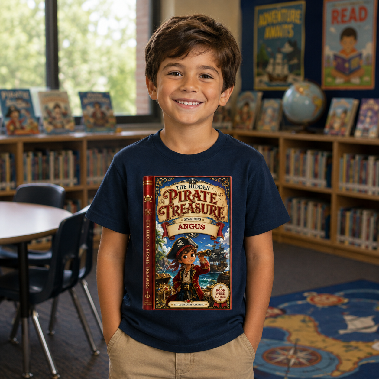 A smiling young boy stands in a children's bookroom wearing a navy blue t-shirt with a large, colorful graphic print of the book cover 'The Ridged Pirate Treasure and Angus'.