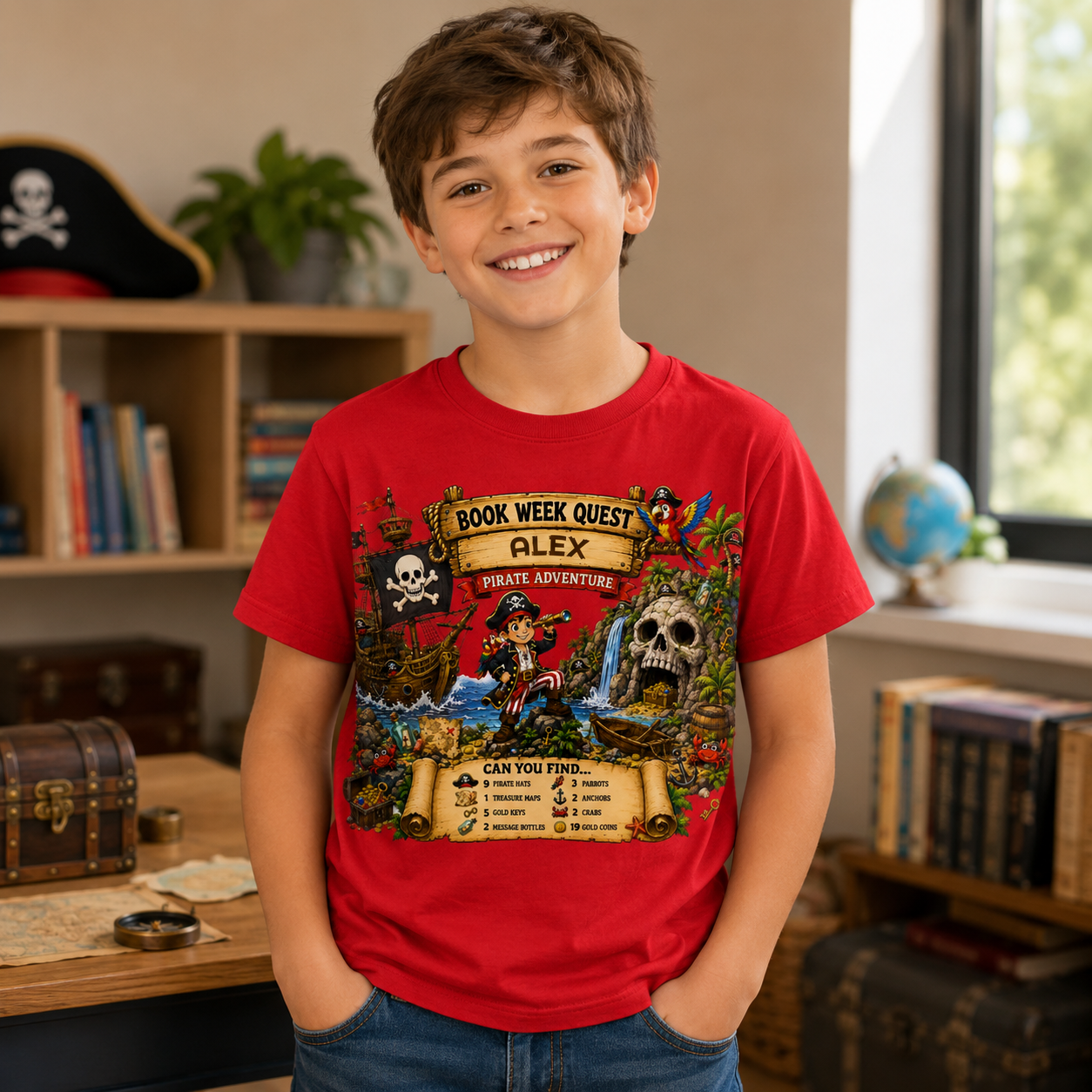 A smiling young boy wearing a red graphic t-shirt with a pirate-themed 'Book Week Quest Alex' print, standing in a cozy, book-filled room.