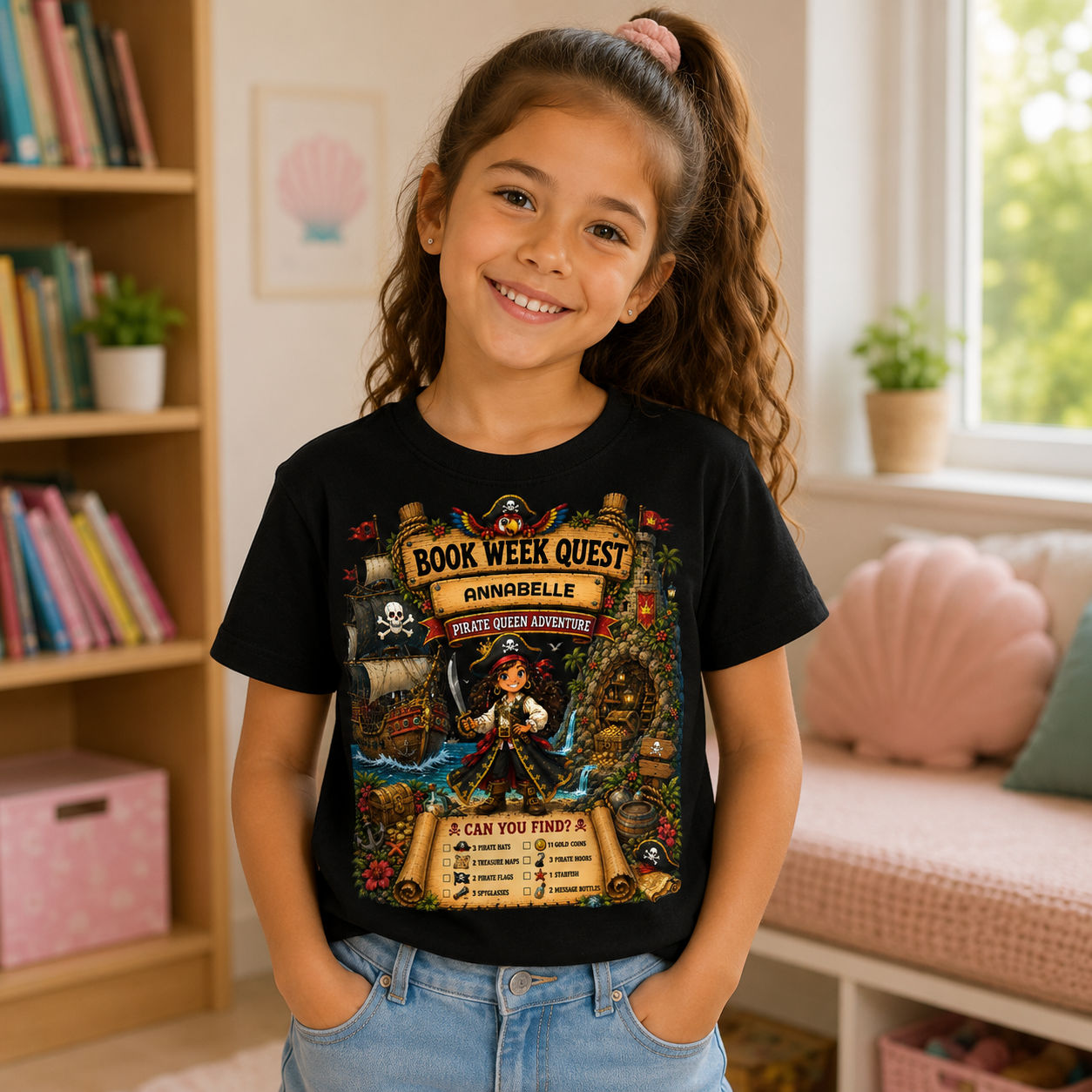 A young girl with curly brown hair in a ponytail smiles while wearing a black graphic t-shirt with a pirate-themed 'Book Week Quest' design, paired with light blue jeans in a cozy, sunlit room with bookshelves and a window.