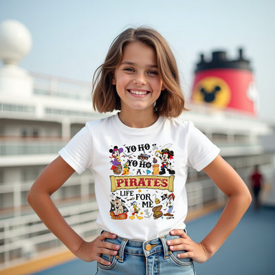 Young girl wearing a white t-shirt with a pirate-themed design in front of a cruise ship.